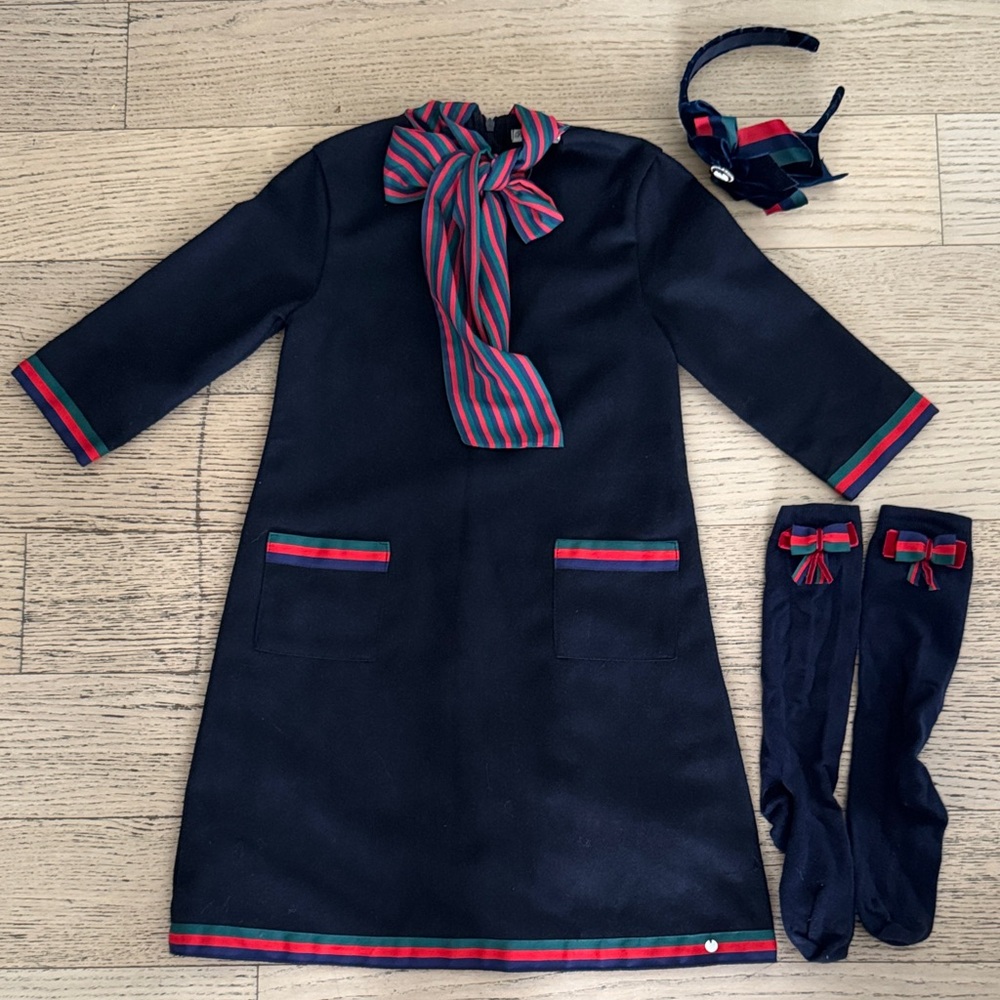 PICCOLA SPERANZA Navy Dress w/bow striped detailing, matching headband/socks 10.